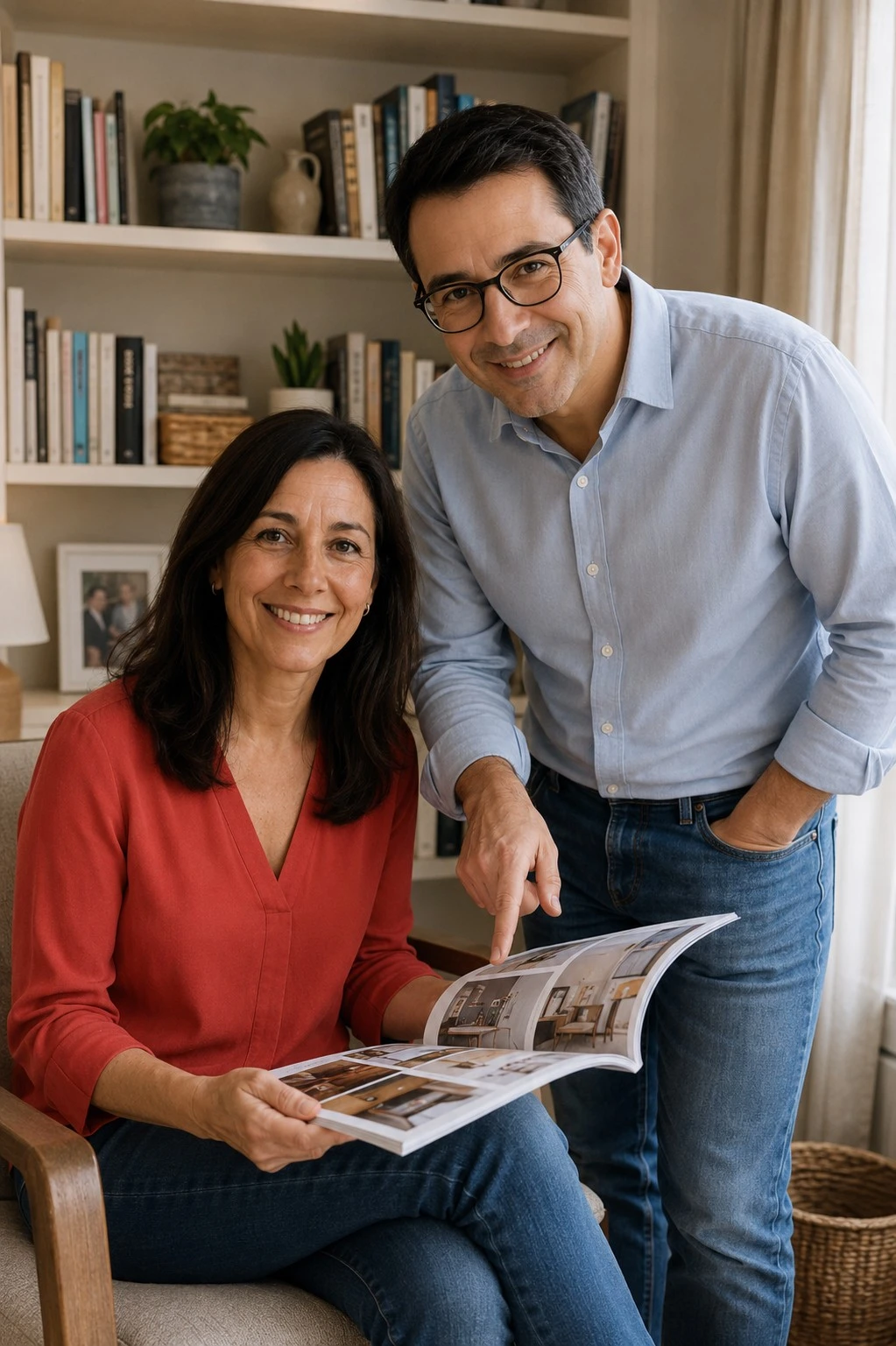 Géraldine et Gilles feuillettent ensemble un magazine consacré à la maison