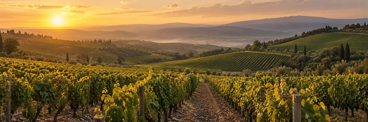Vignes baignées par la lumière dorée du soleil couchant