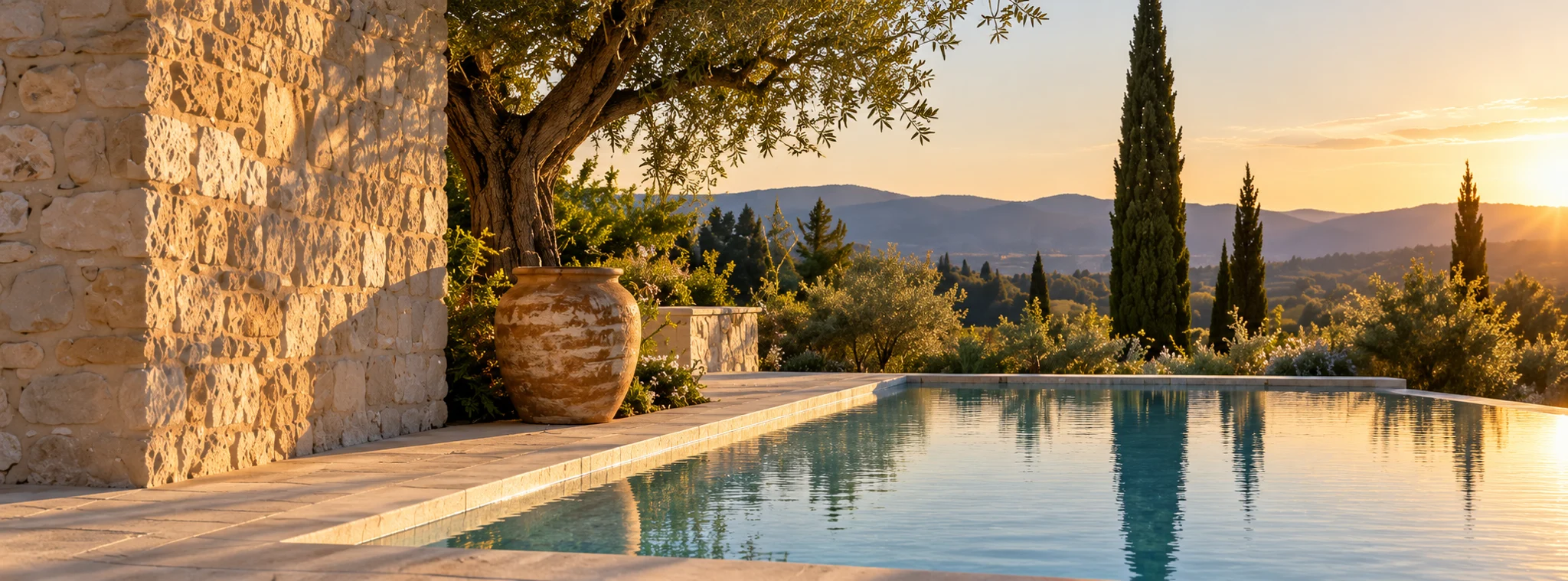 Piscine entourée de pierre claire et de végétation méditerranéenne