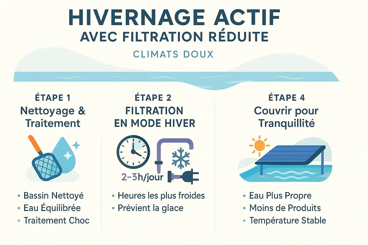 Illustration d'une piscine en hivernage actif avec coffret hors-gel